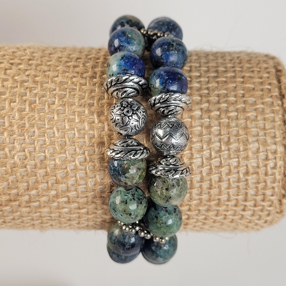 Lapis Style Beaded Bracelet Blue Gemstone Double Strand‎ Stretch 7in Jewelry